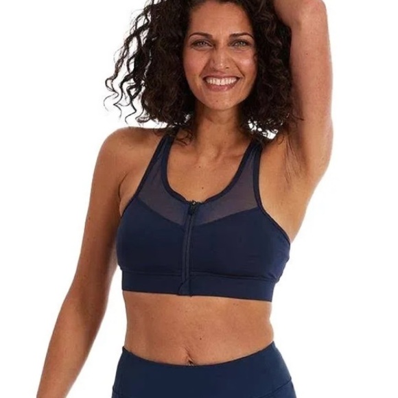 Handful Supportive Zip Clip Front Athletic Workout Running Navy Blue Sports Bra - Picture 1 of 11